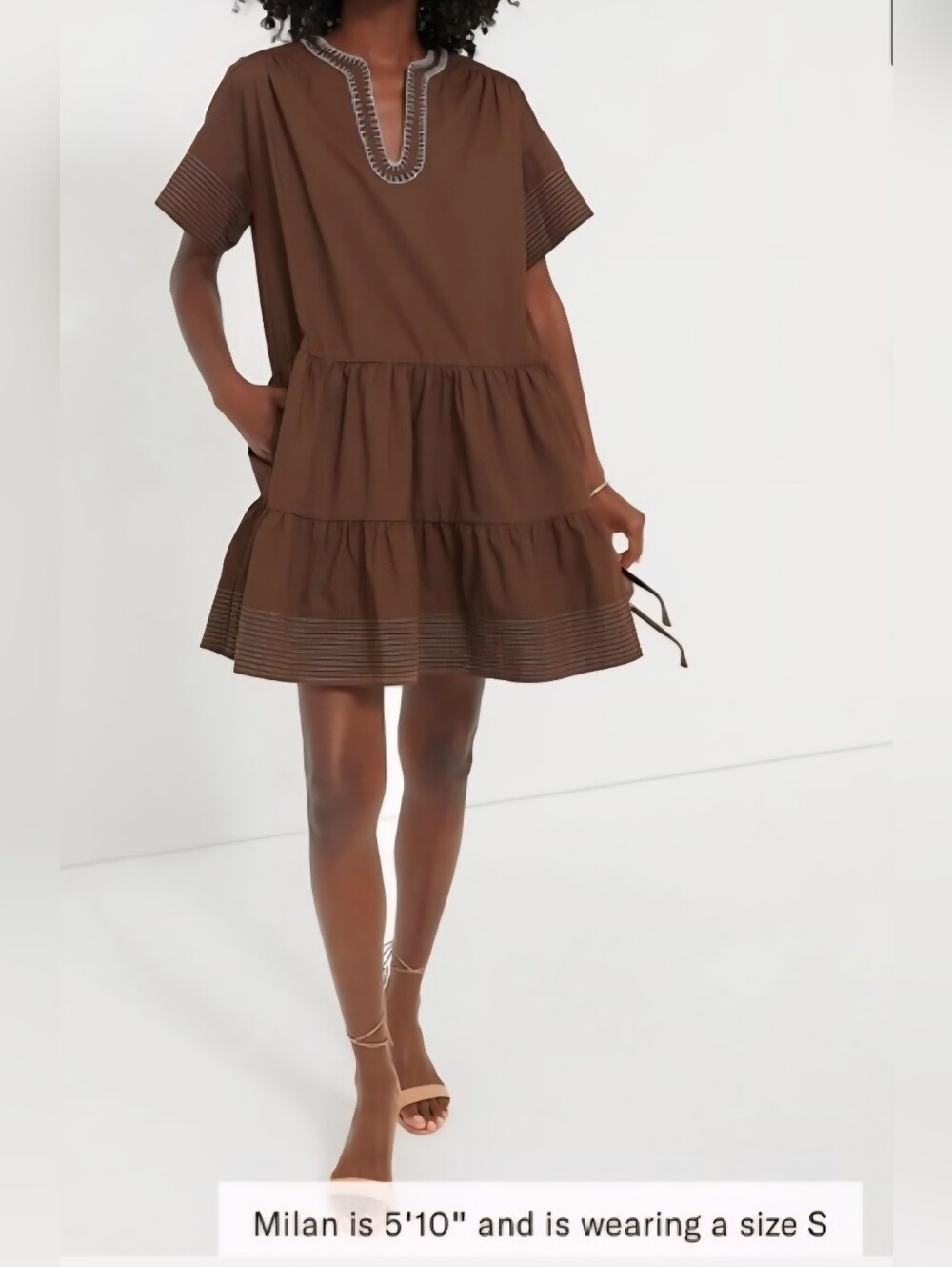 Tuckernuck Pomander Place Brown Tiered Short Dress with Embroidered V-Neck